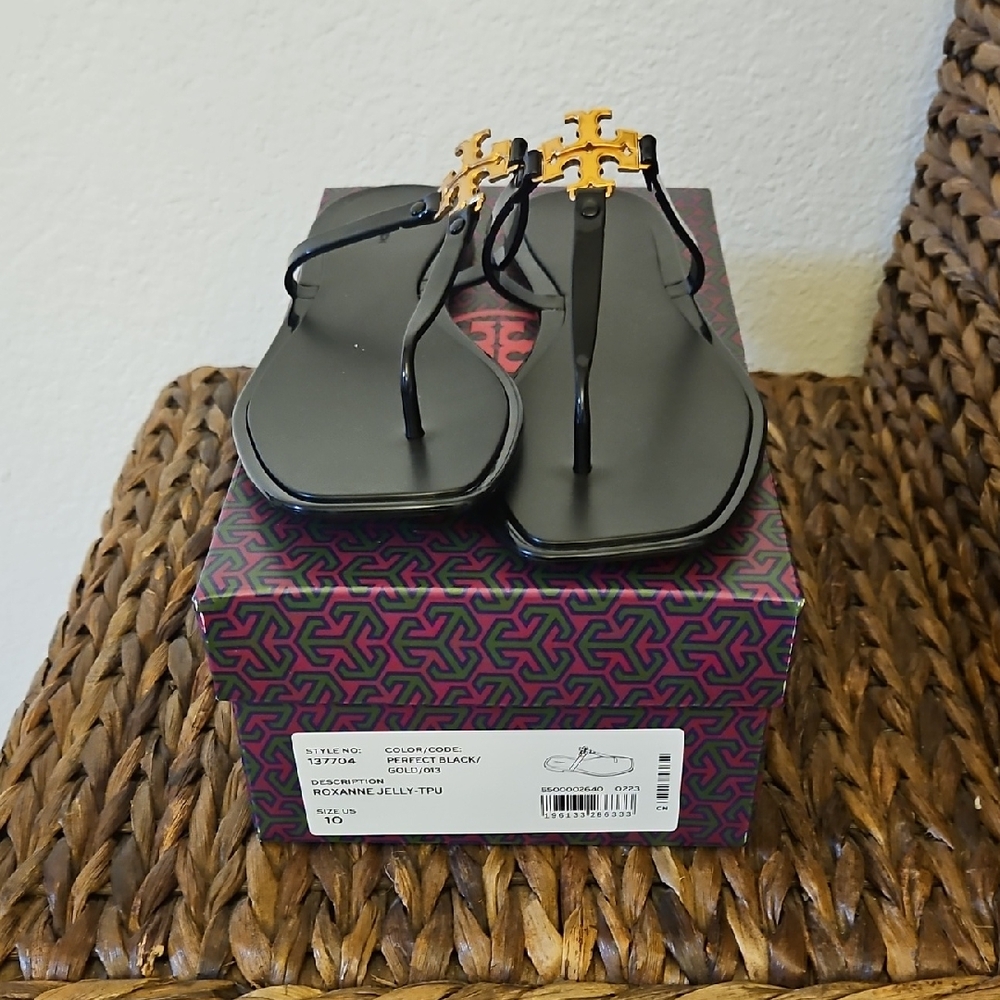 Tory Burch Black Sandals with Gold Accents